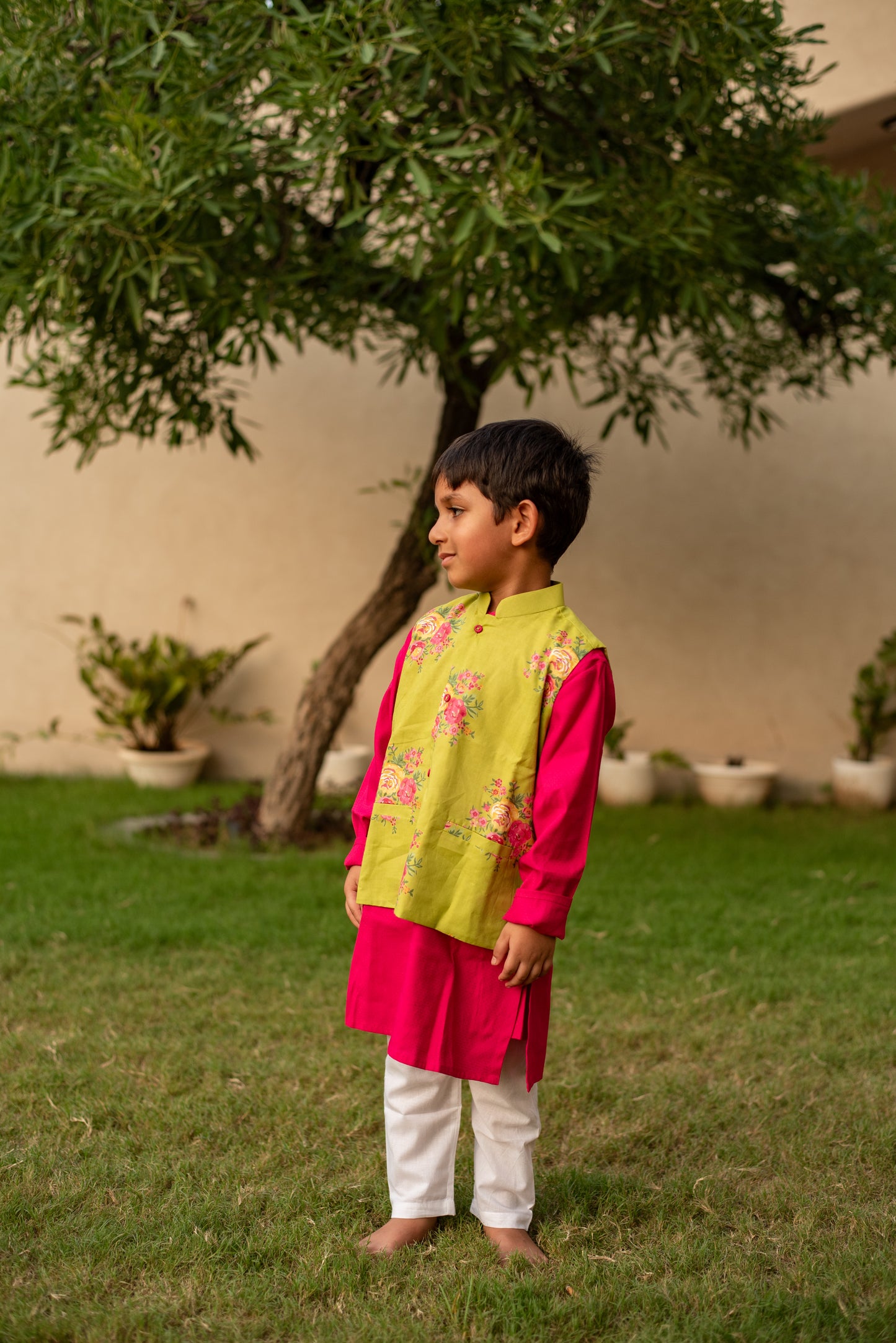 Majenta Pink Kurta with Green Floral Jacket