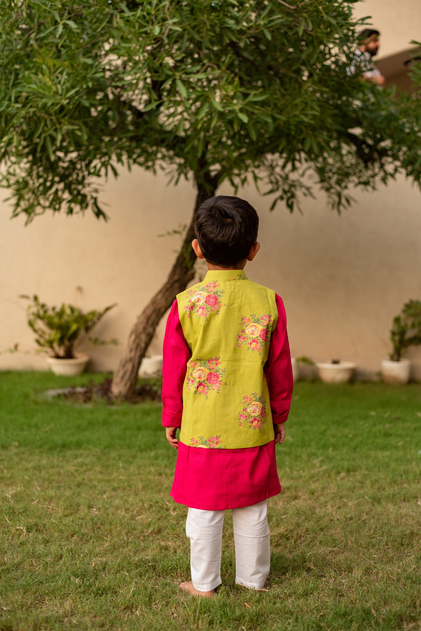 Majenta Pink Kurta with Green Floral Jacket