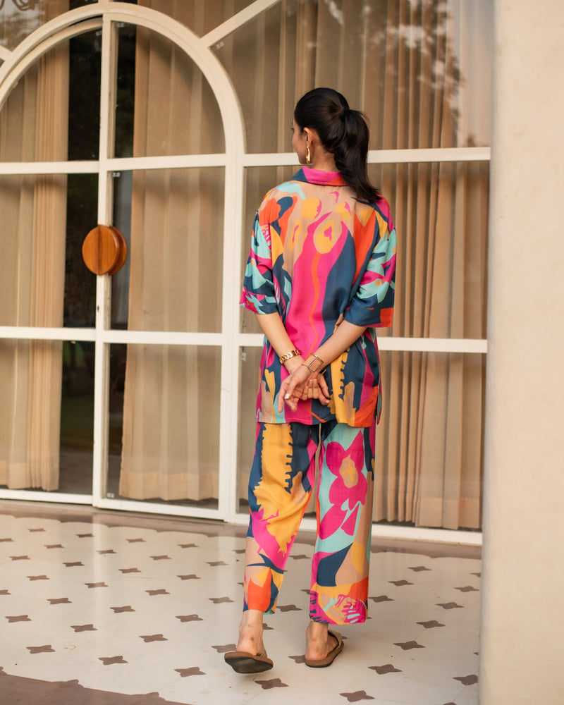 Multicolored Muslin Collar With V-Neck Co-Ord Set For Women's