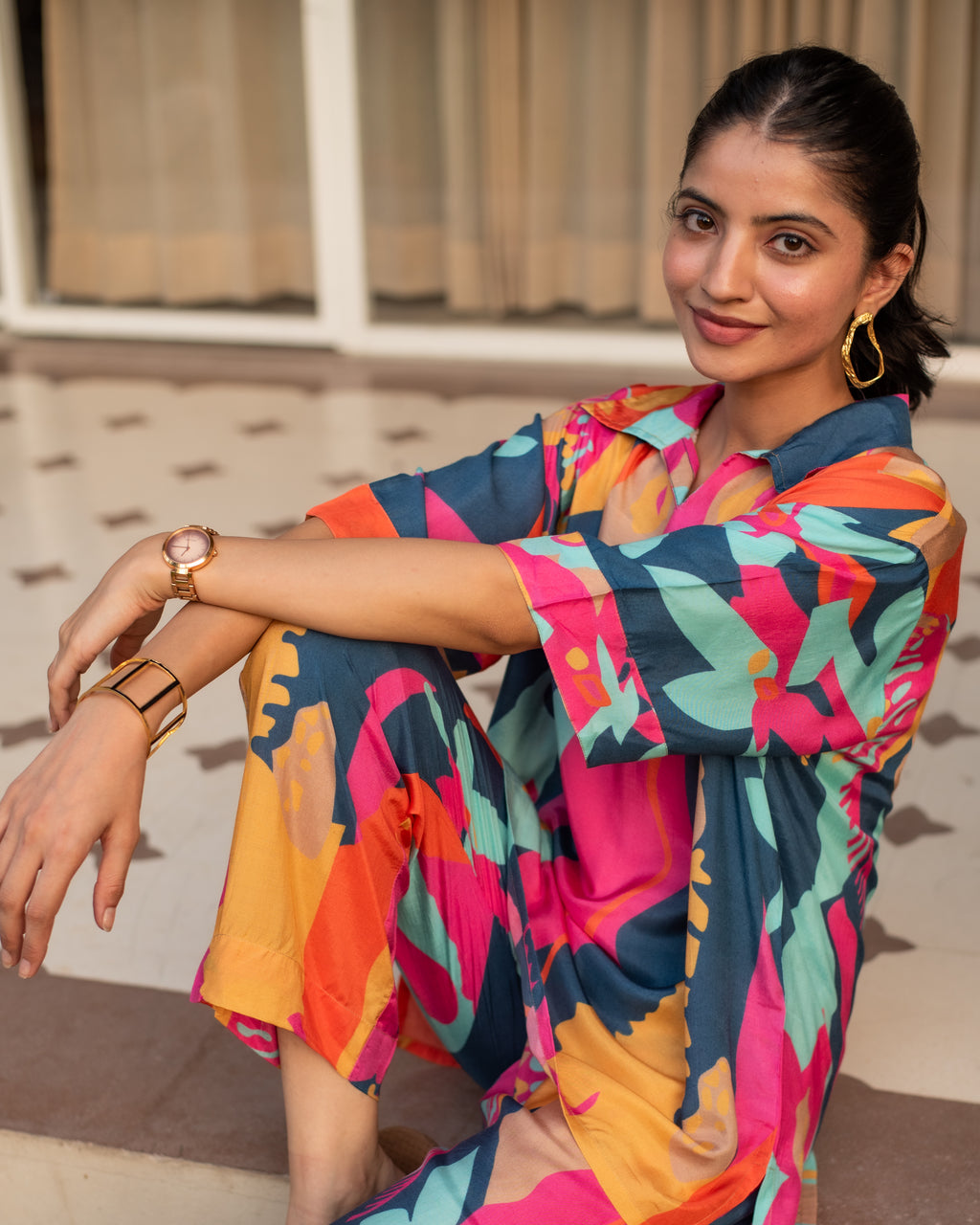 Multicolored Muslin Collar With V-Neck Co-Ord Set For Women's