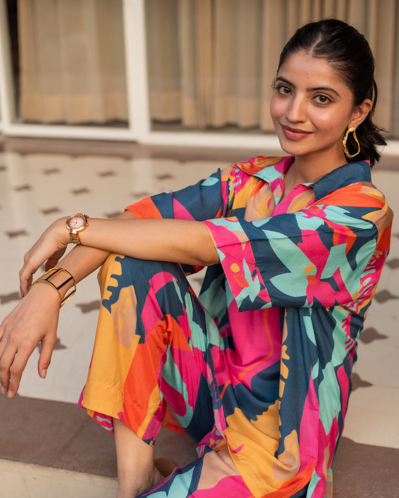 Multicolored Muslin Collar With V-Neck Co-Ord Set For Women's