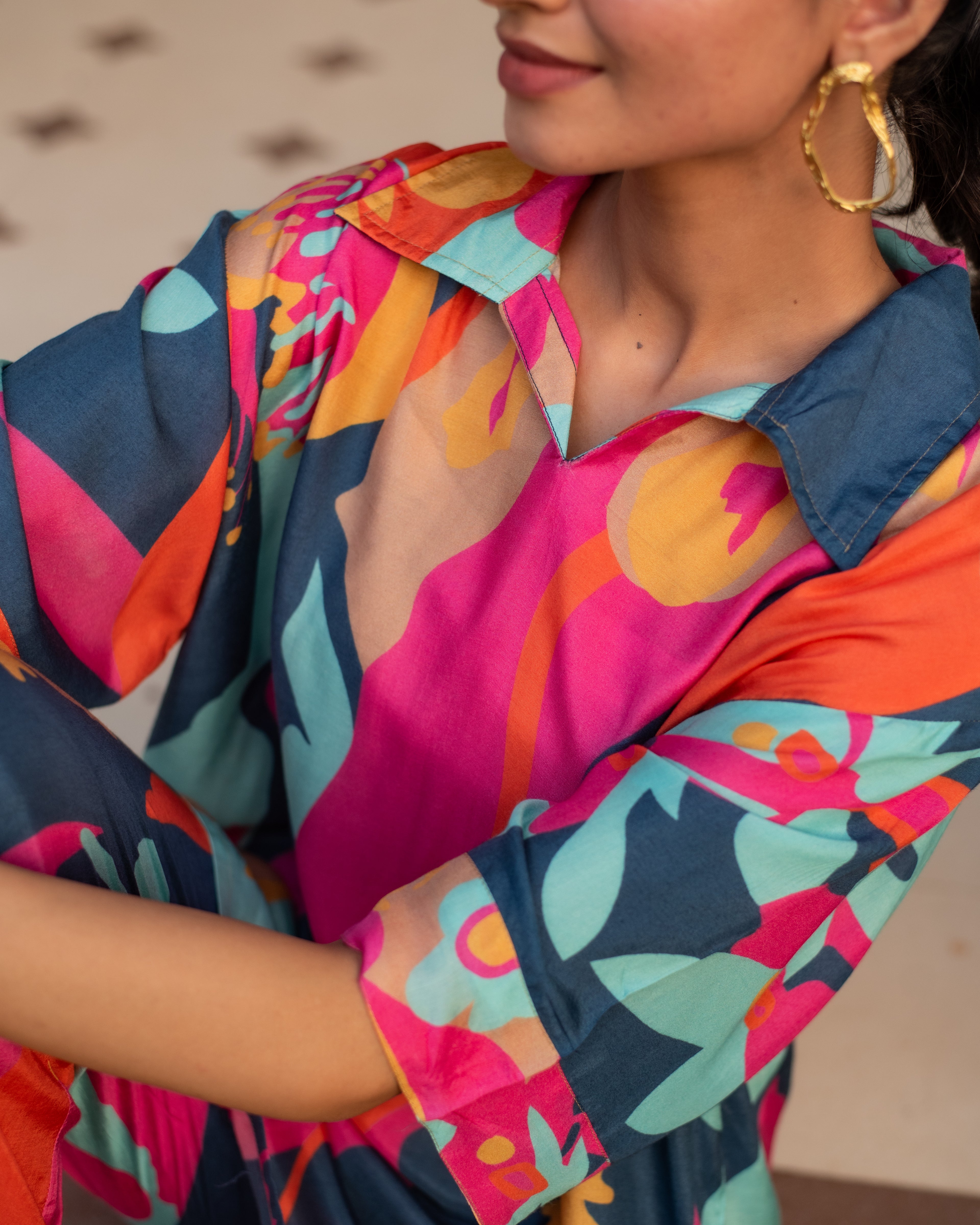 Multicolored Muslin Collar With V-Neck Co-Ord Set For Women's