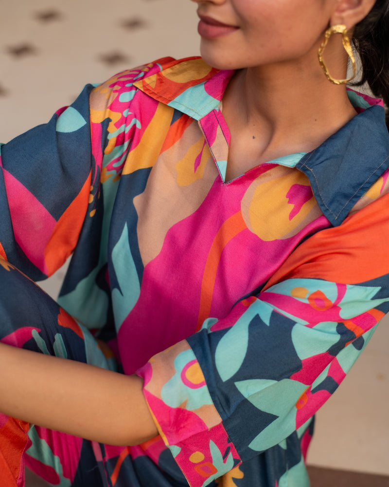 Multicolored Muslin Collar With V-Neck Co-Ord Set For Women's