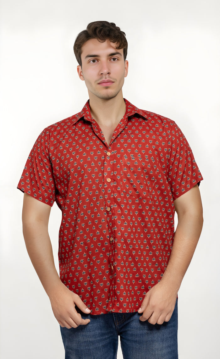 Maroon Men's Shirt with Lotus Print