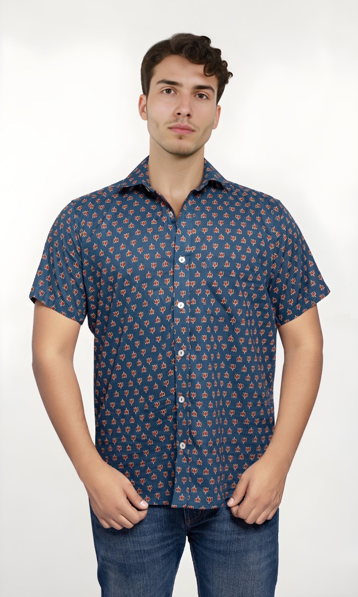 Indigo Men's Shirt with Lotus Print