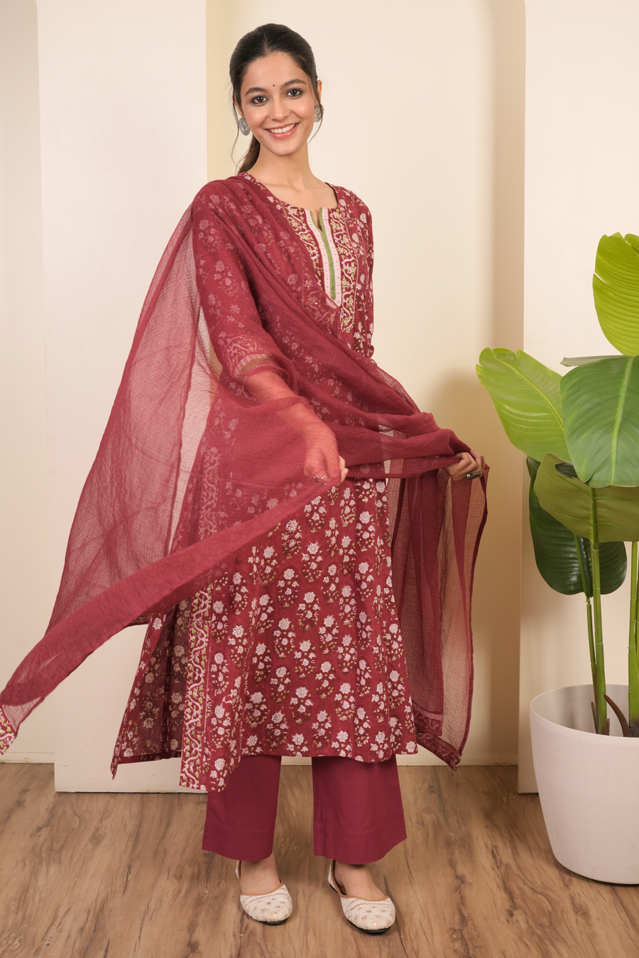 Berry Pink Cotton Kurta Dupatta Set (Pant Not Included)
