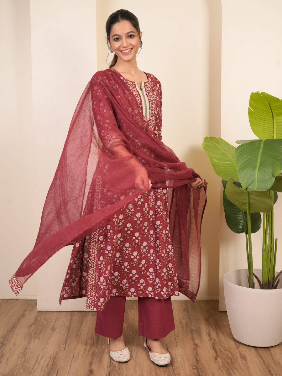 Berry Pink Cotton Kurta Dupatta Set (Pant Not Included)