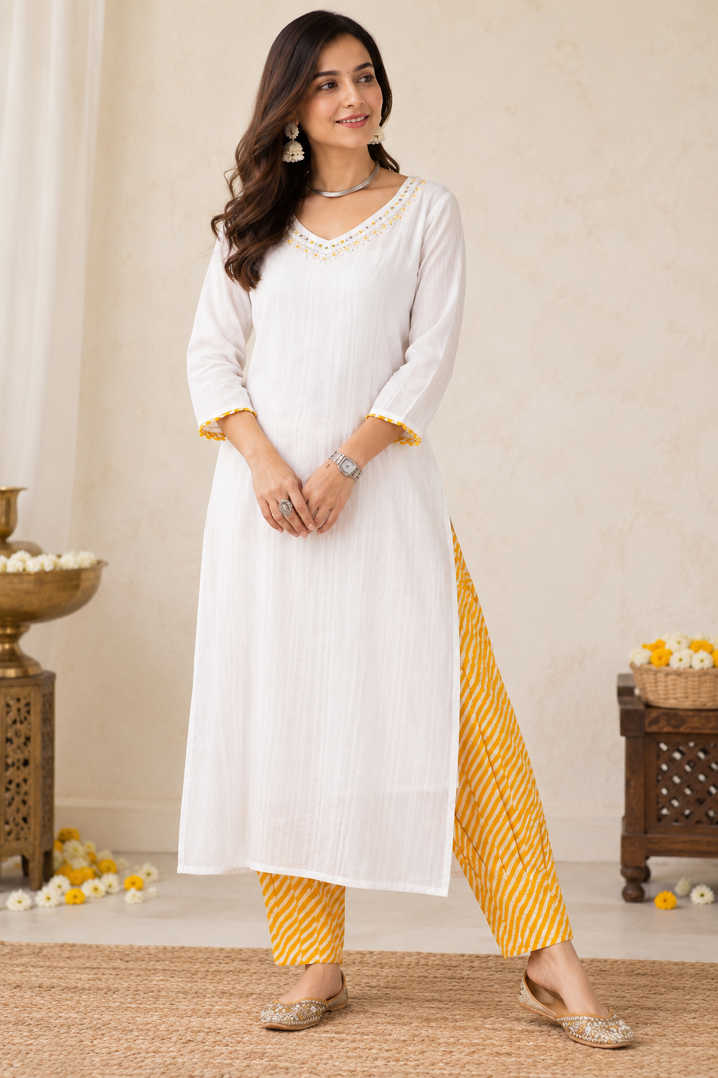 White Cotton Dobby Kurta With Lehriya Salwar