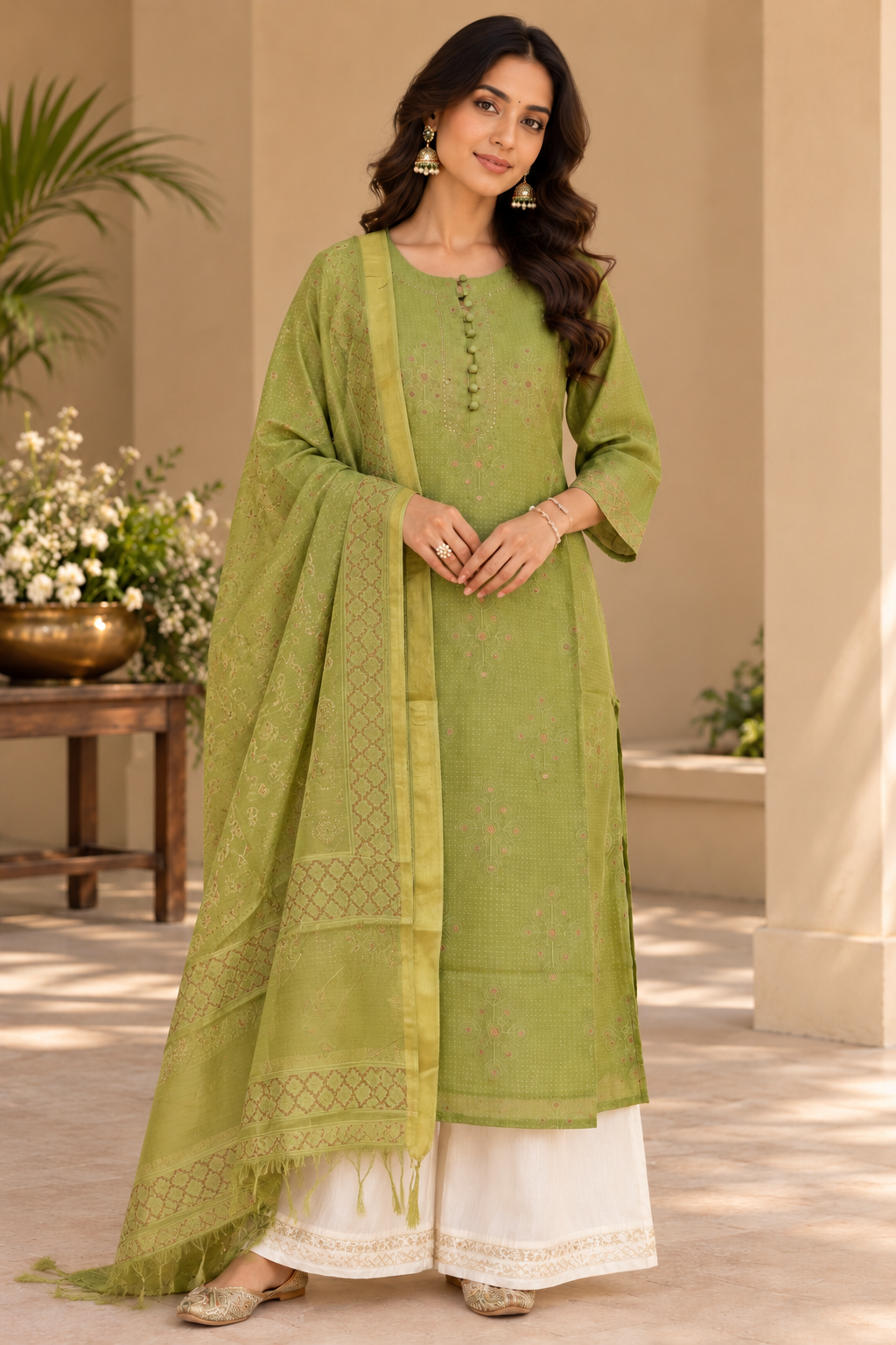 Green Chanderi Kurta Dupatta