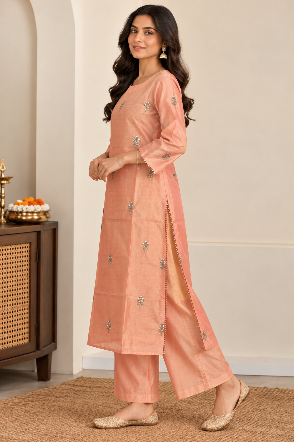 Peach Chanderi kurta