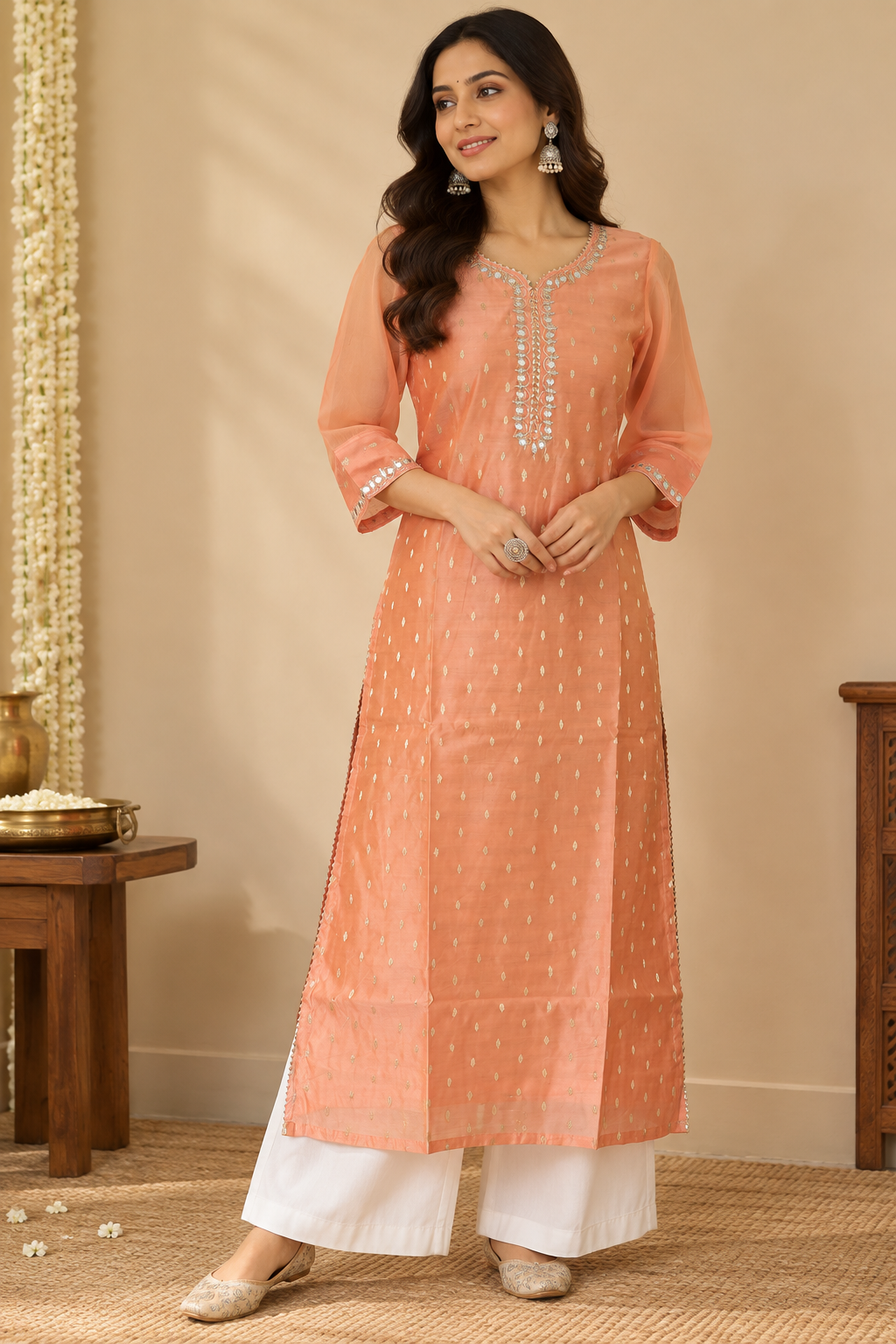 Peach Chanderi Kurta
