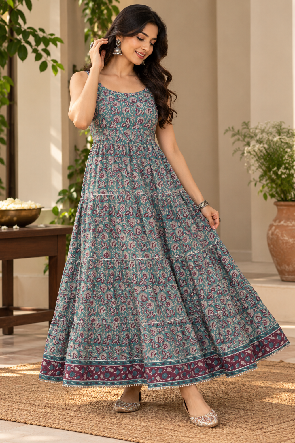 Teal Blue and Pink Cotton Dress