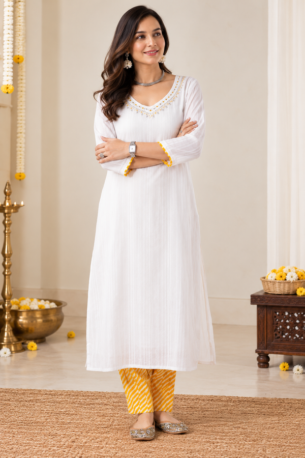 White Cotton Dobby Kurta With Lehriya Salwar