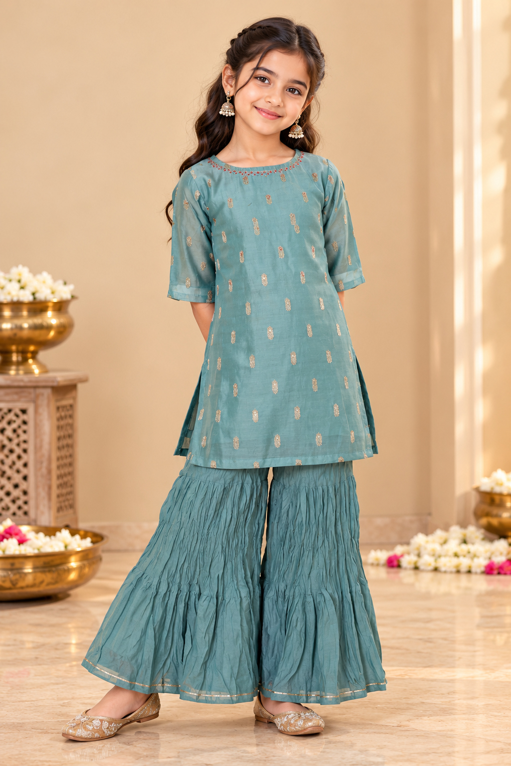 Gray Kids Girls Kurta Shrara and Dupatta Set