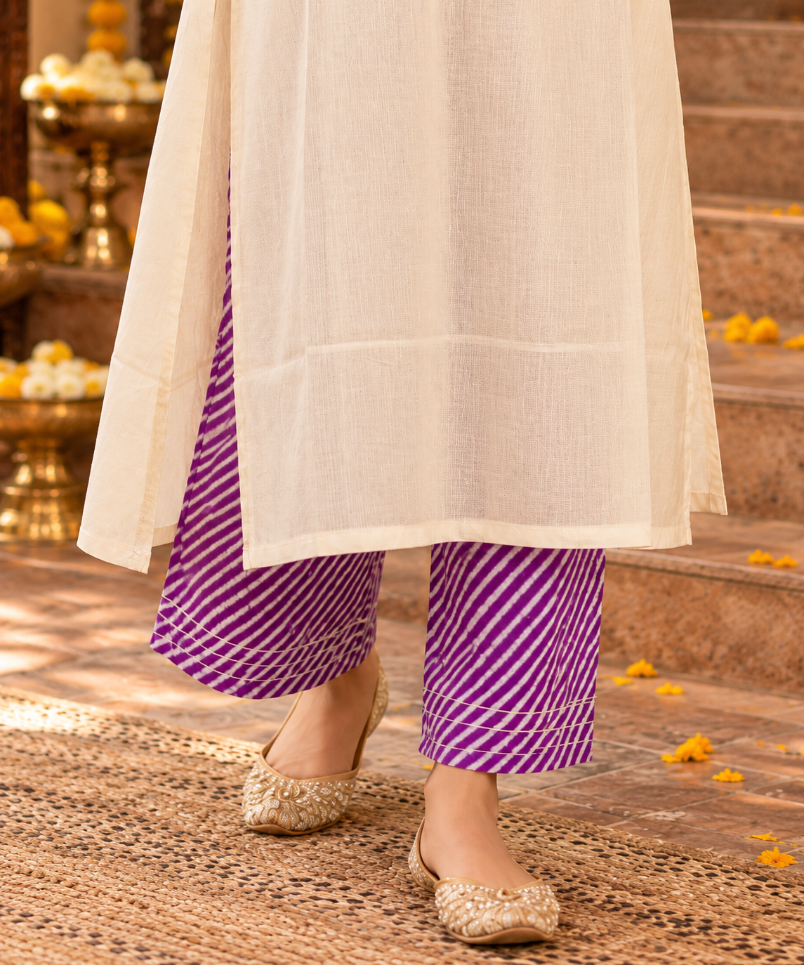 White Cotton Dobby Kurta With Lehriya Palazzo