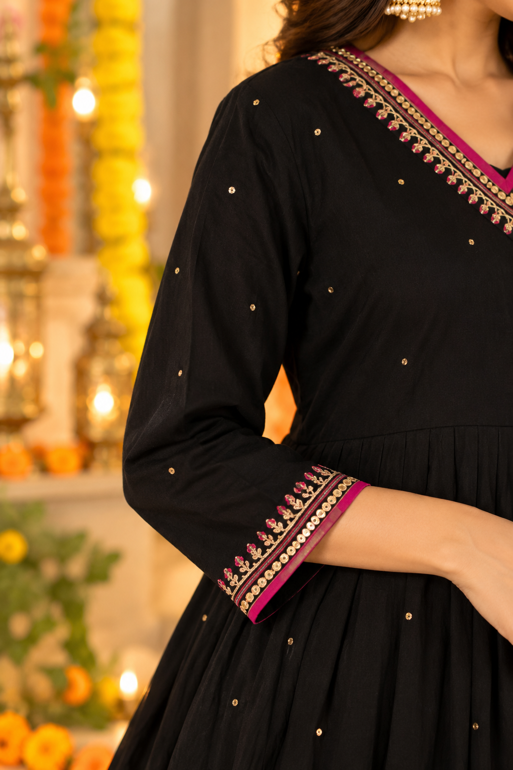 Black And Pink Kurta Dupatta Set