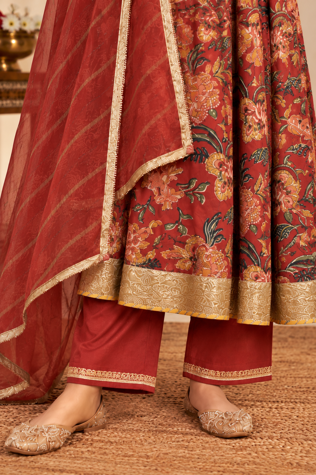 Red Cotton And Dupatta Kota Doriya Complete Suit Set