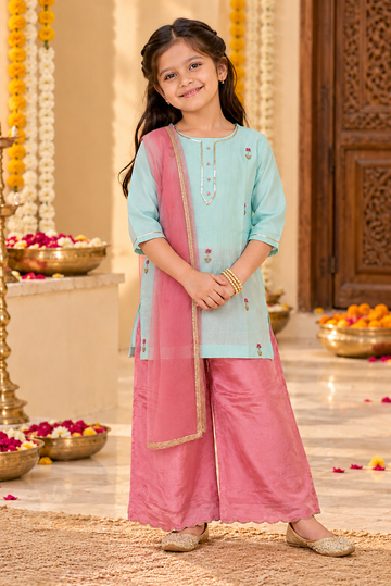 Powder Blue And Pink Kurta palazzo Dupatta Set
