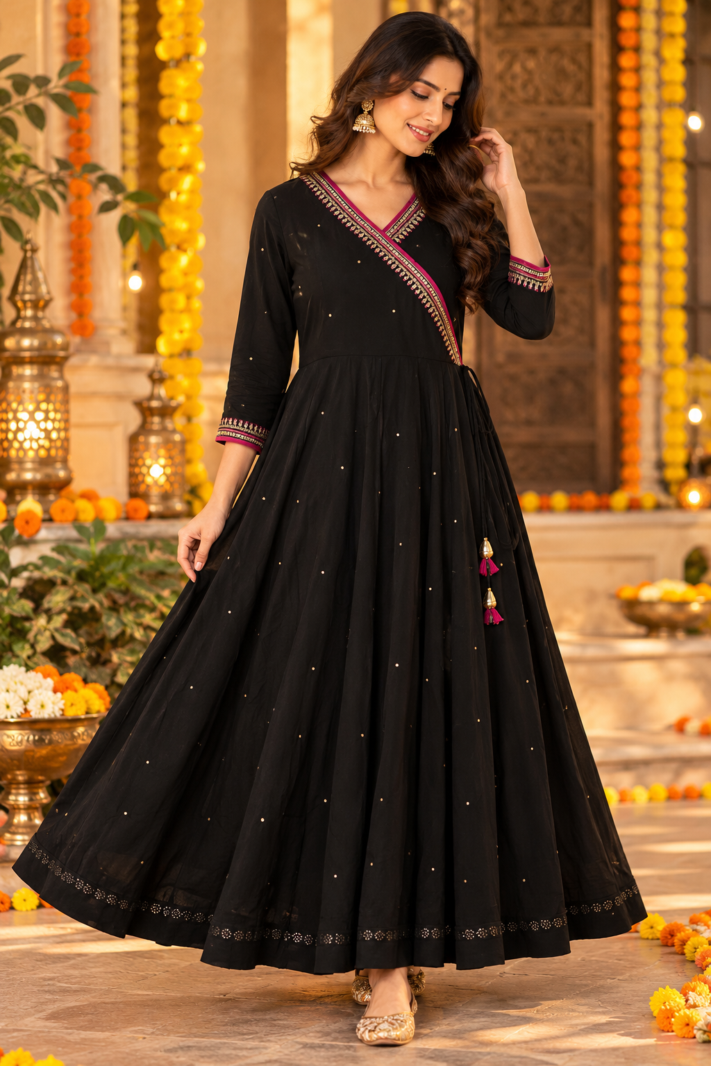 Black And Pink Kurta Dupatta Set