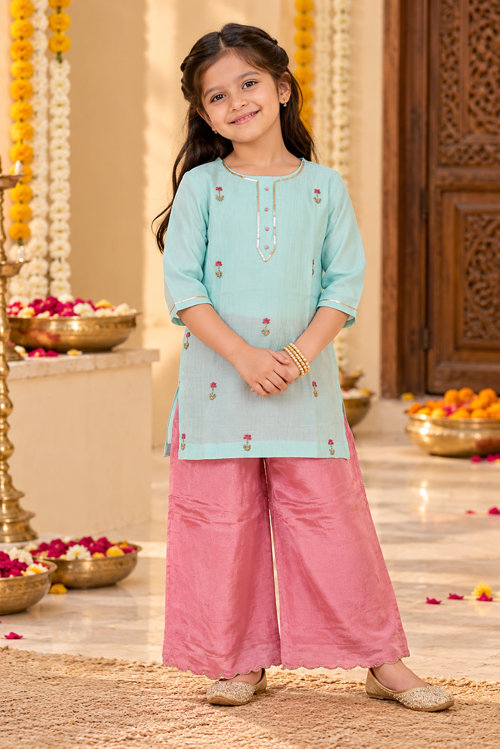 Powder Blue And Pink Kurta palazzo Dupatta Set