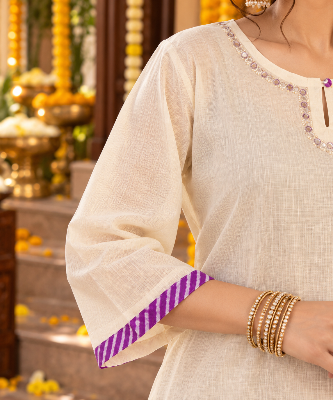 White Cotton Dobby Kurta With Lehriya Palazzo