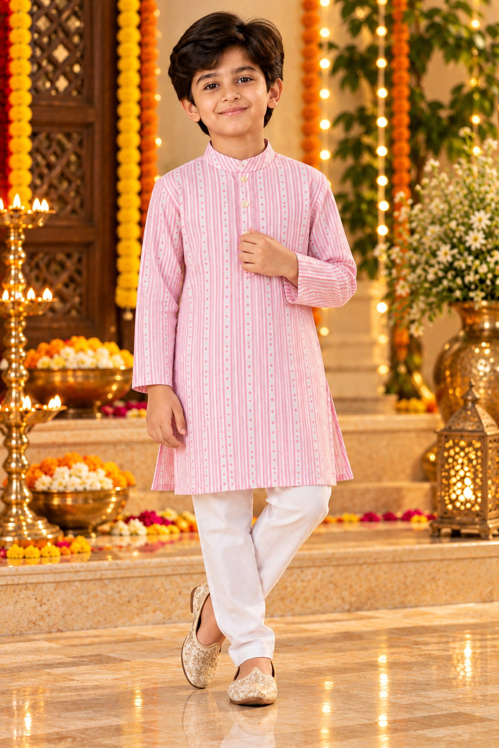 Pink Cotton Kids Boys Kurta