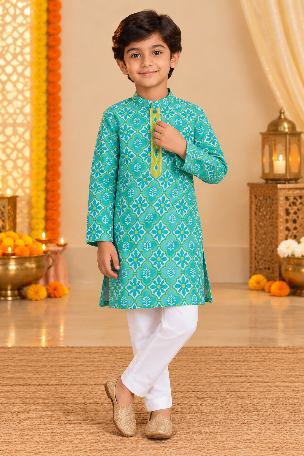 Teal blue cotton Kids kurta.