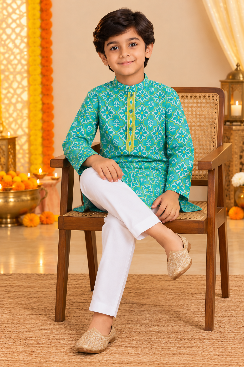 Teal blue cotton Kids kurta.
