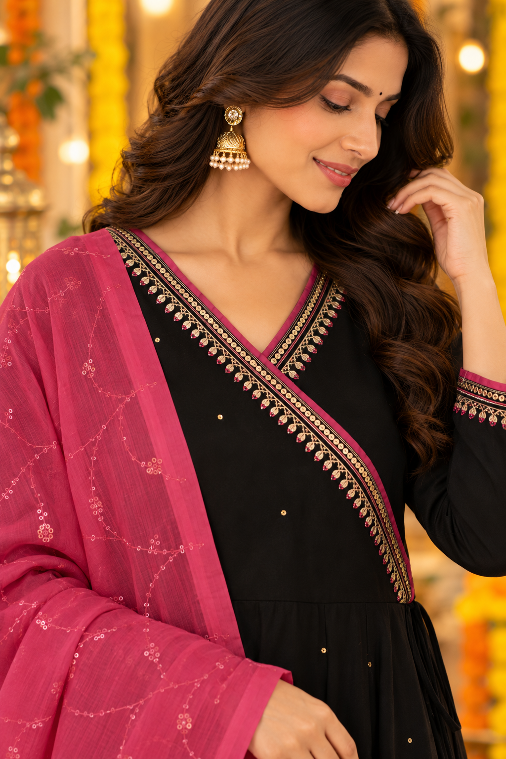 Black And Pink Kurta Dupatta Set