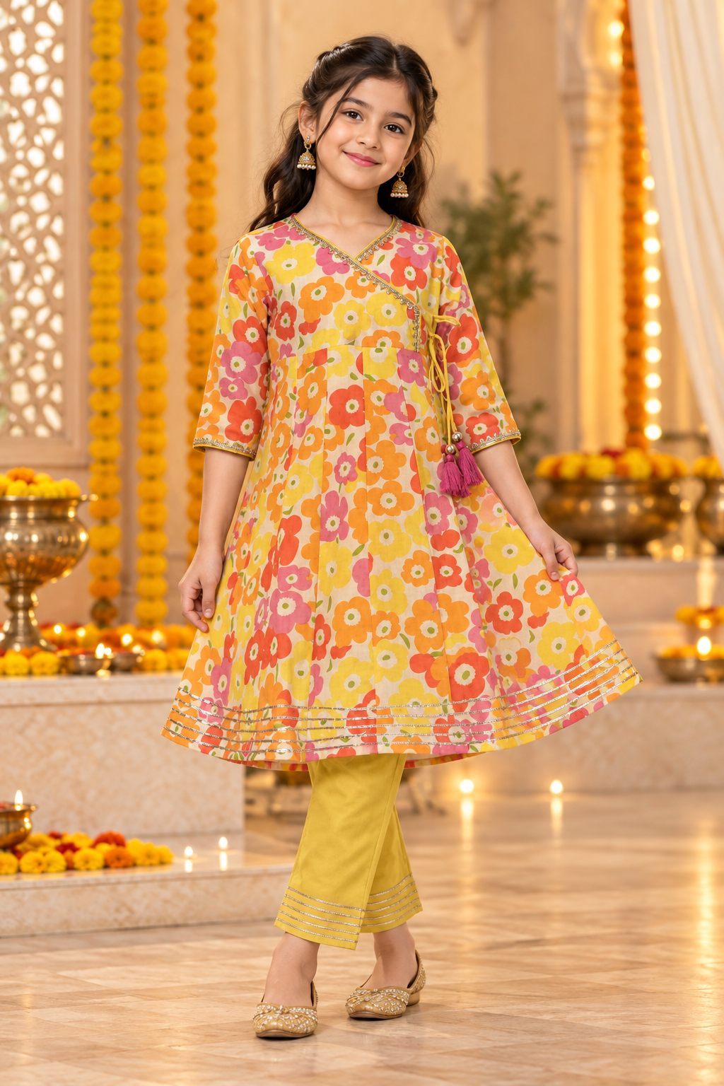Yellow Cotton Kids Girls Kurta pant Set