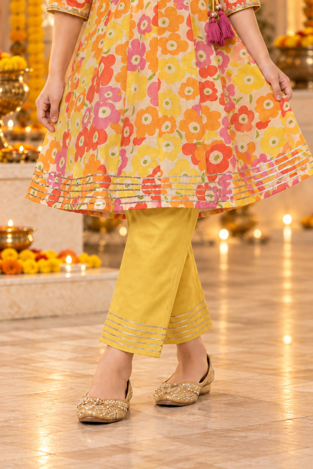Yellow Cotton Kids Girls Kurta pant Set