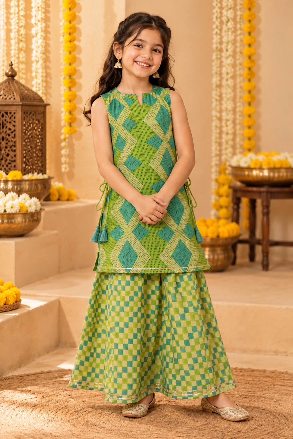 Blue Green Kid Girl Kurta Dupatta Palazzo Set
