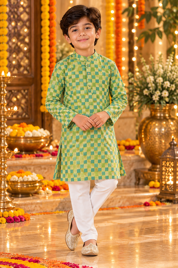 Blue and Green Check Print Kids Boys Kurta