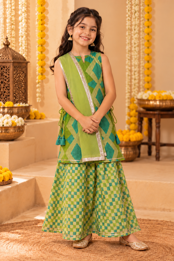 Blue Green Kid Girl Kurta Dupatta Palazzo Set
