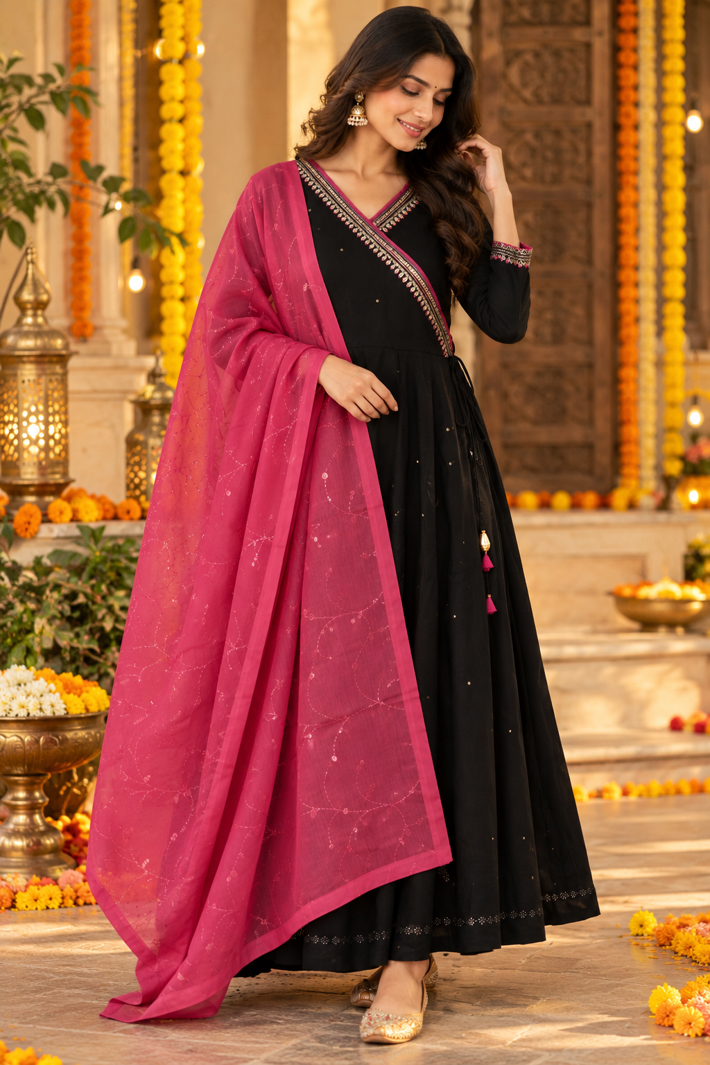 Black And Pink Kurta Dupatta Set
