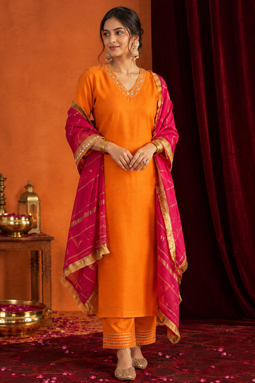 Orange And Pink Chanderi Complete Suit Set
