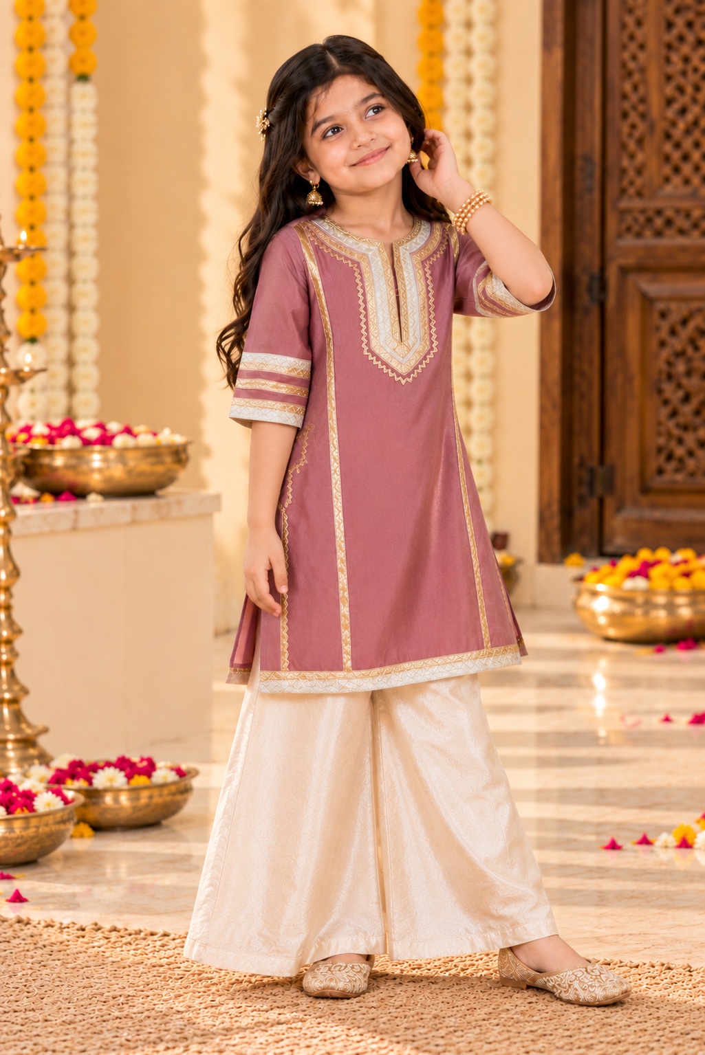 Mauve And Silver Kurta Palazzo Set