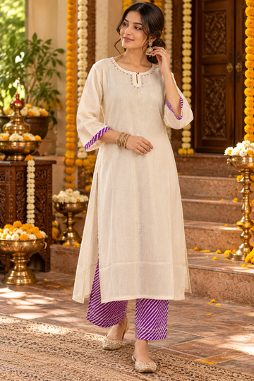White Cotton Dobby Kurta With Lehriya Palazzo