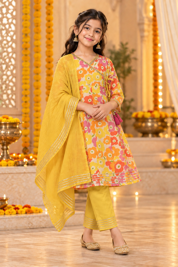 Yellow Cotton Kids Girls Kurta pant Set