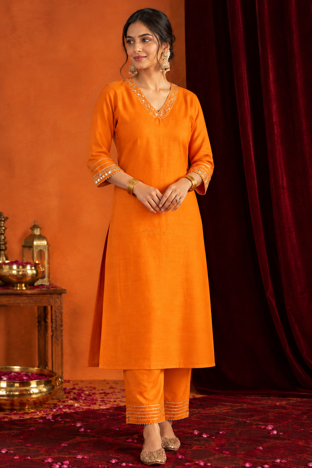 Orange And Pink Chanderi Complete Suit Set