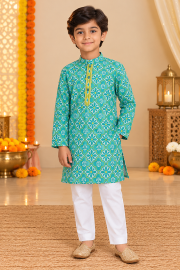 Teal blue cotton Kids kurta.