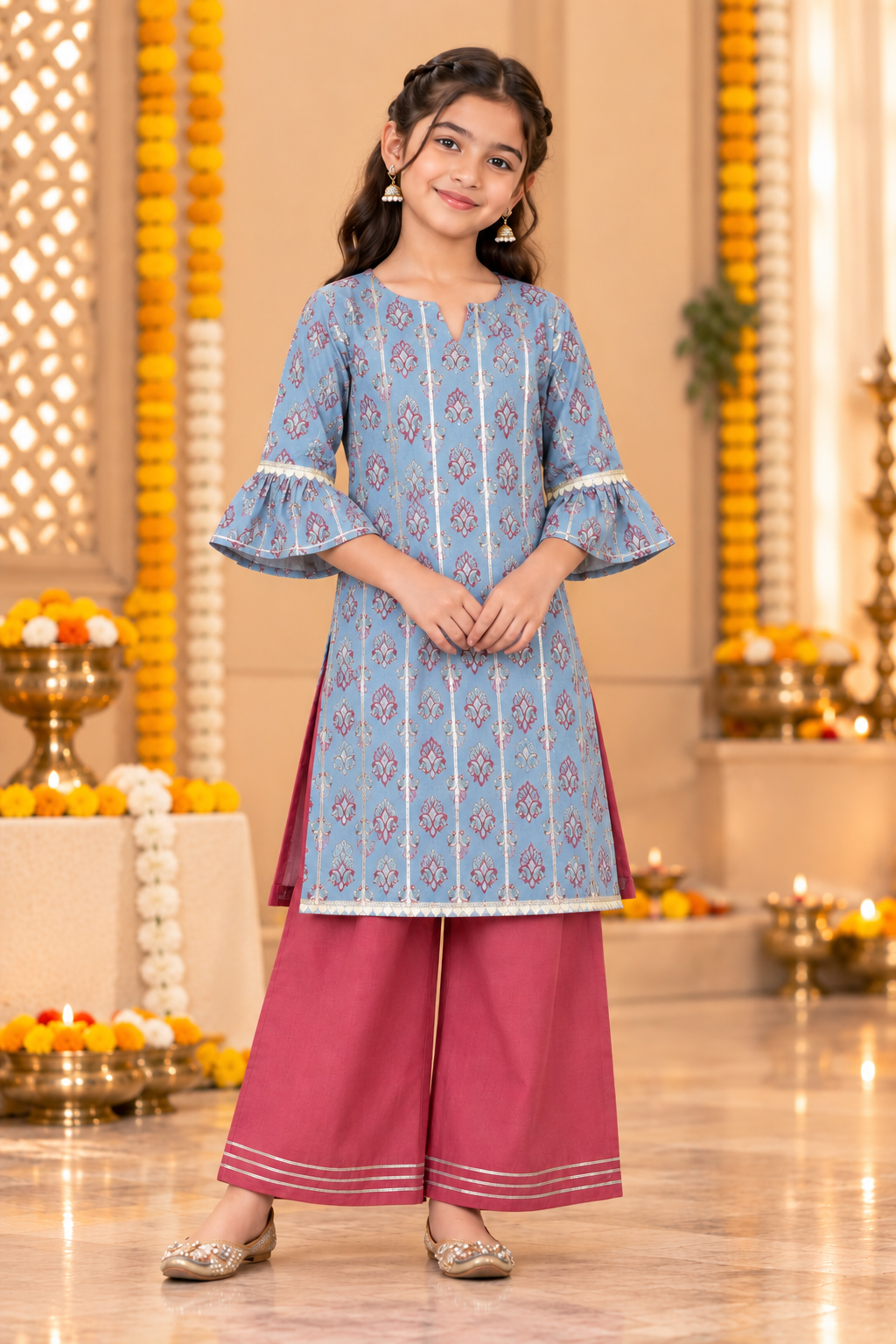 Blue Kids Girls Kurta pant Set with Dupatta