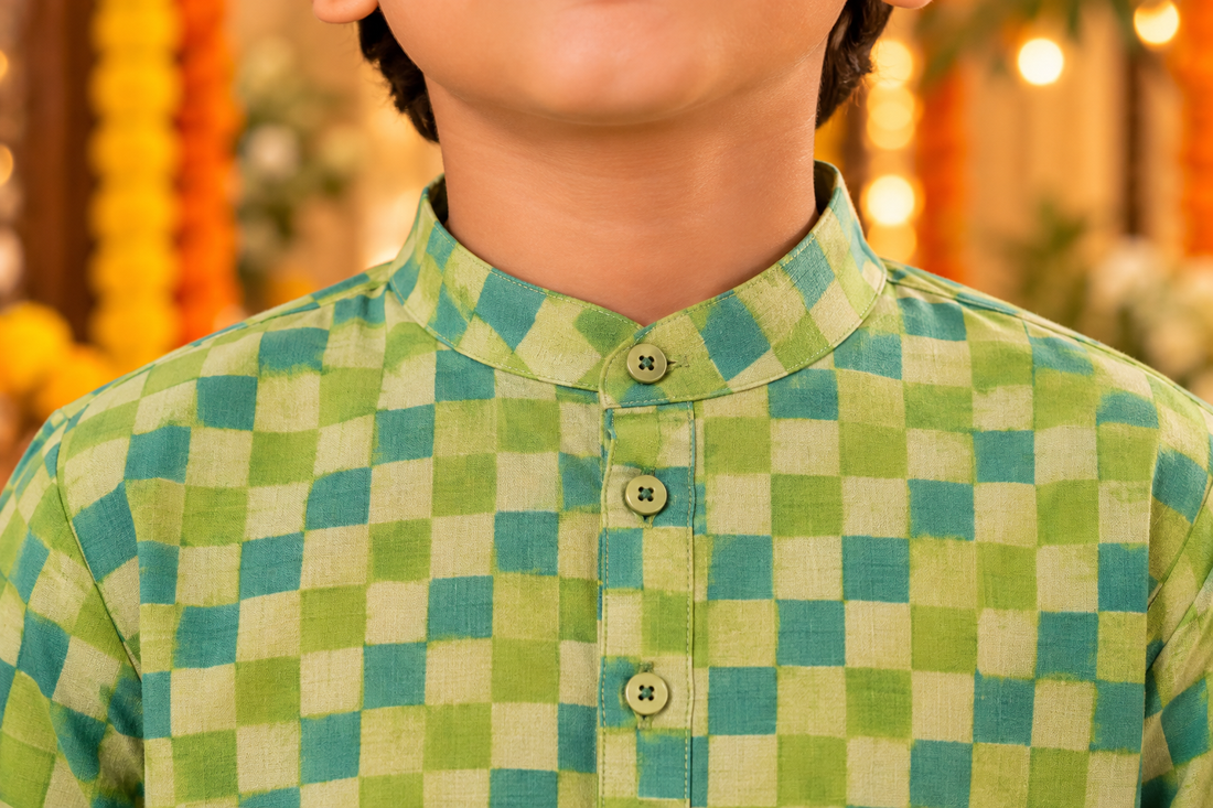 Blue and Green Check Print Kids Boys Kurta