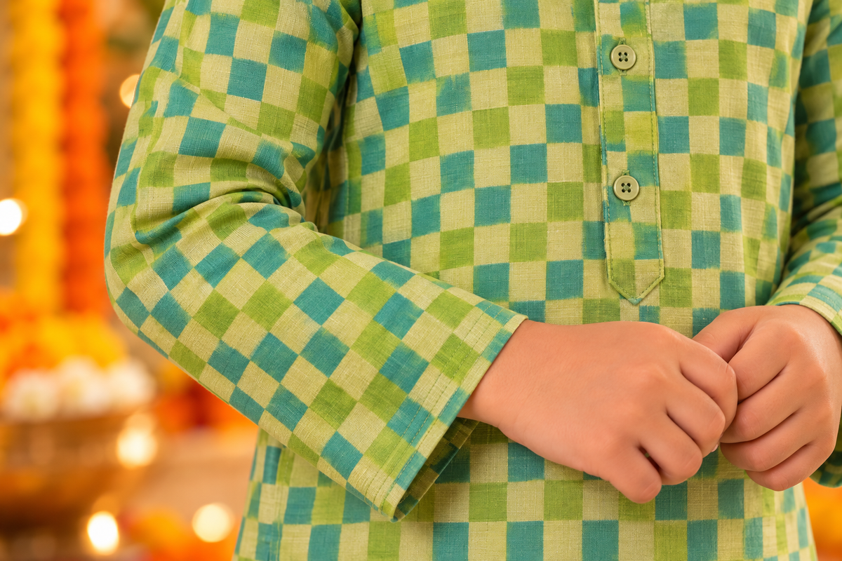 Blue and Green Check Print Kids Boys Kurta