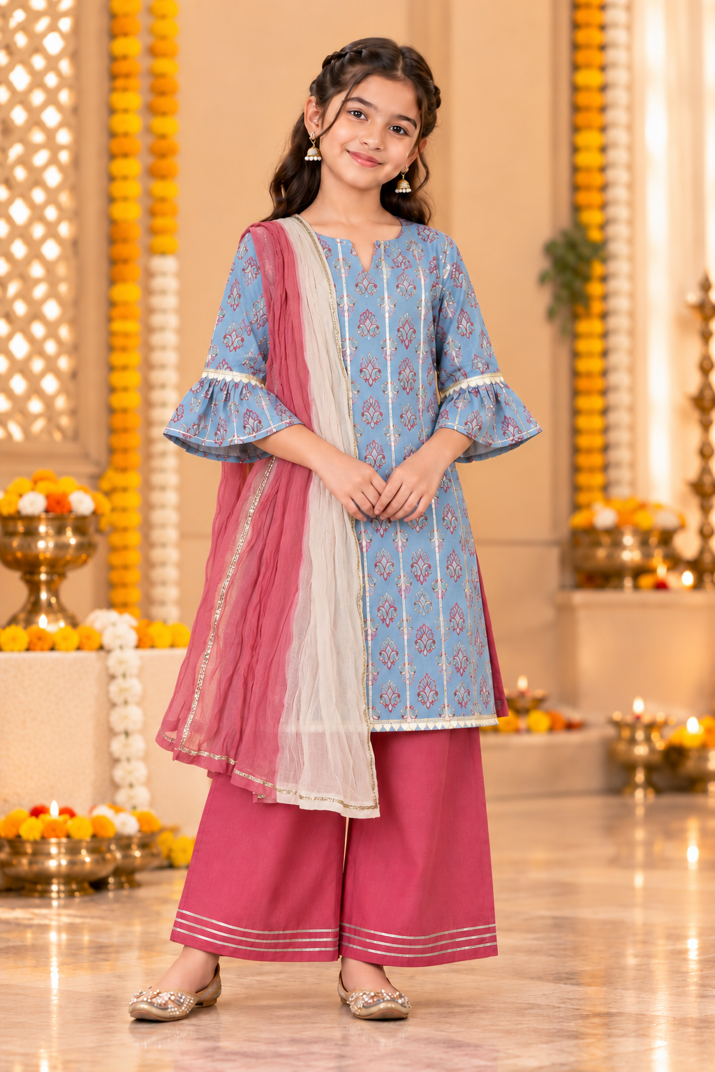 Blue Kids Girls Kurta pant Set with Dupatta