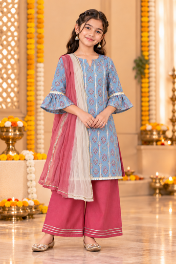 Blue Kids Girls Kurta pant Set with Dupatta