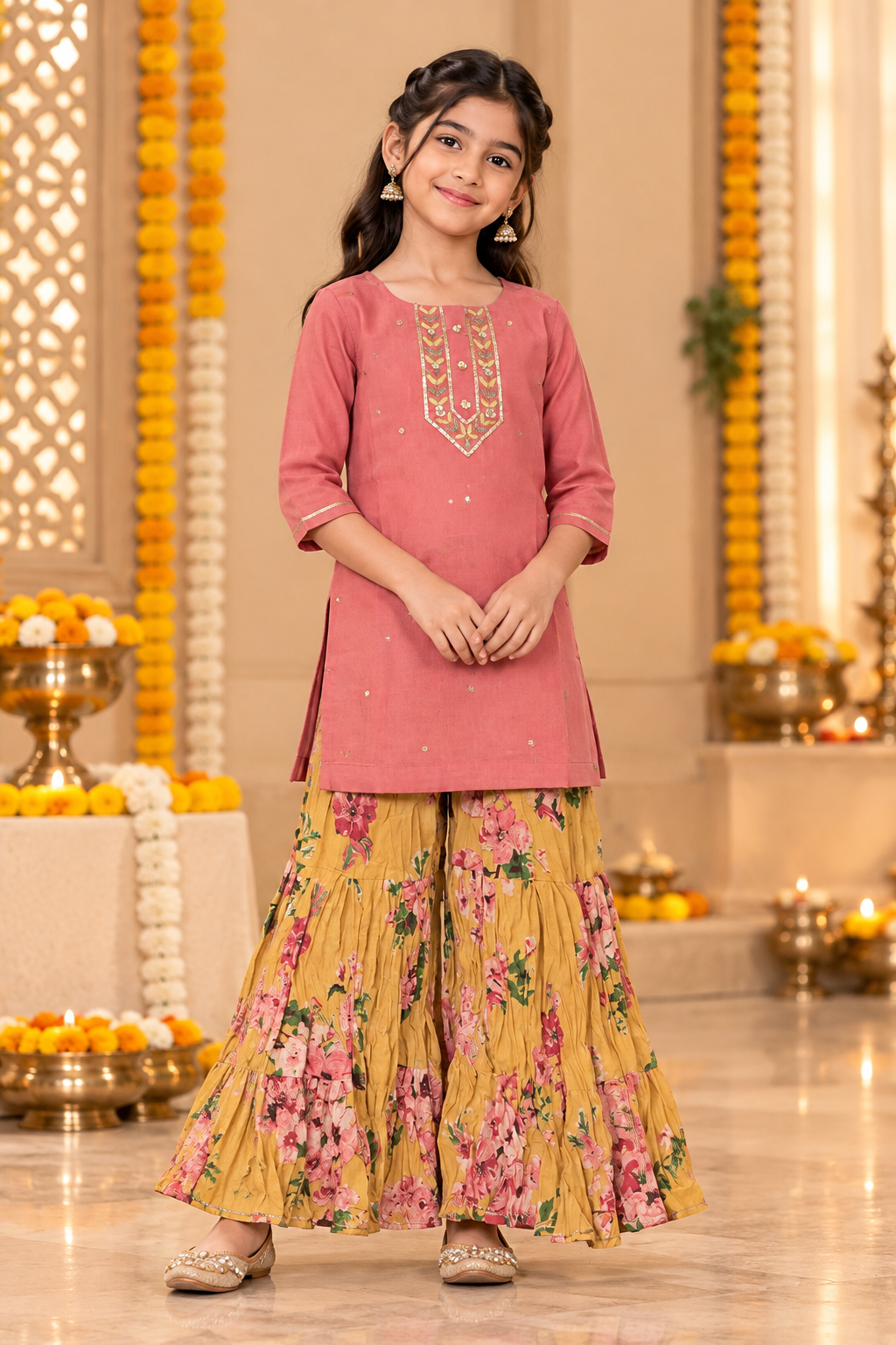 Peach  Kids Girls Kurta Shrara and Dupatta Set
