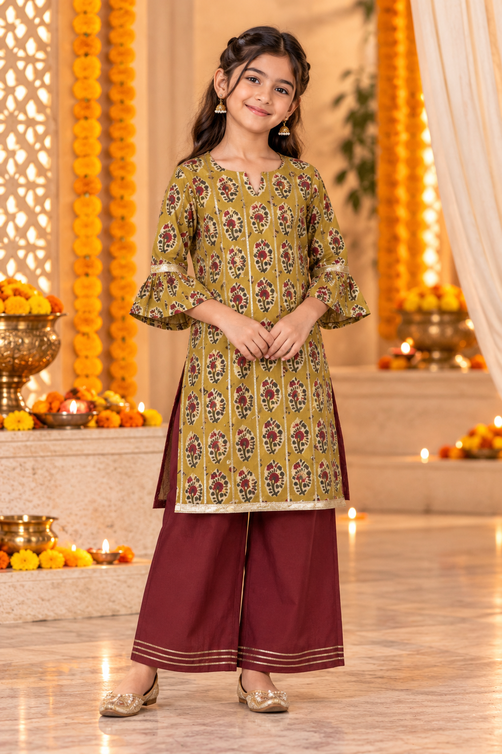 Green Kids Girls Kurta Shrara and Dupatta Set
