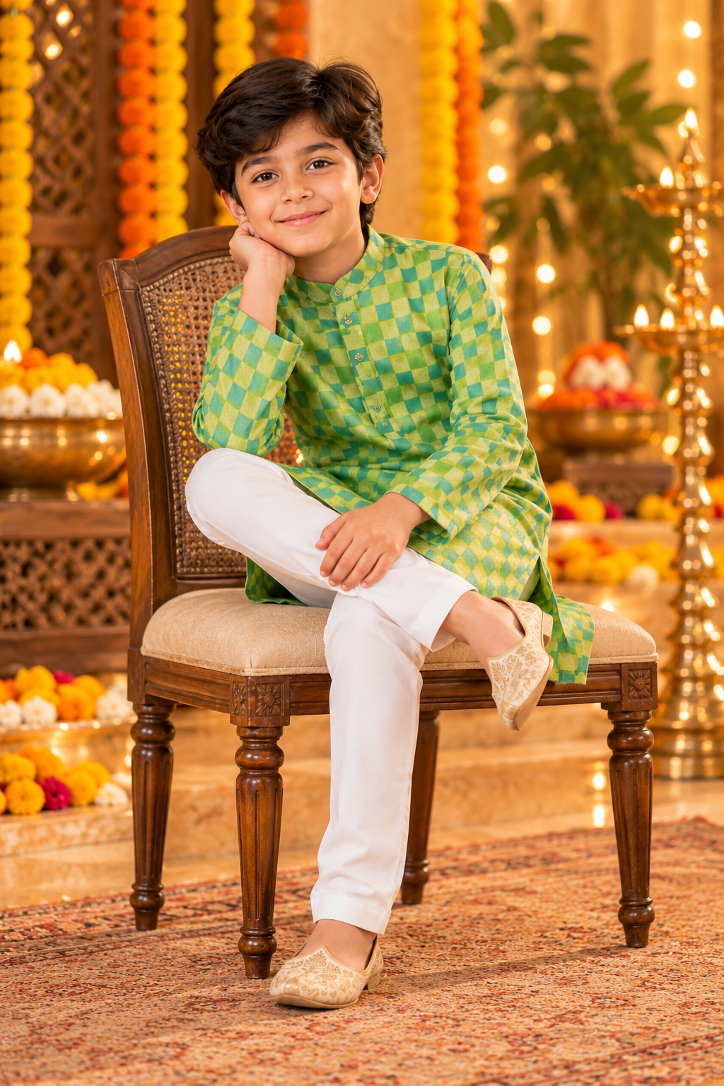 Blue and Green Check Print Kids Boys Kurta