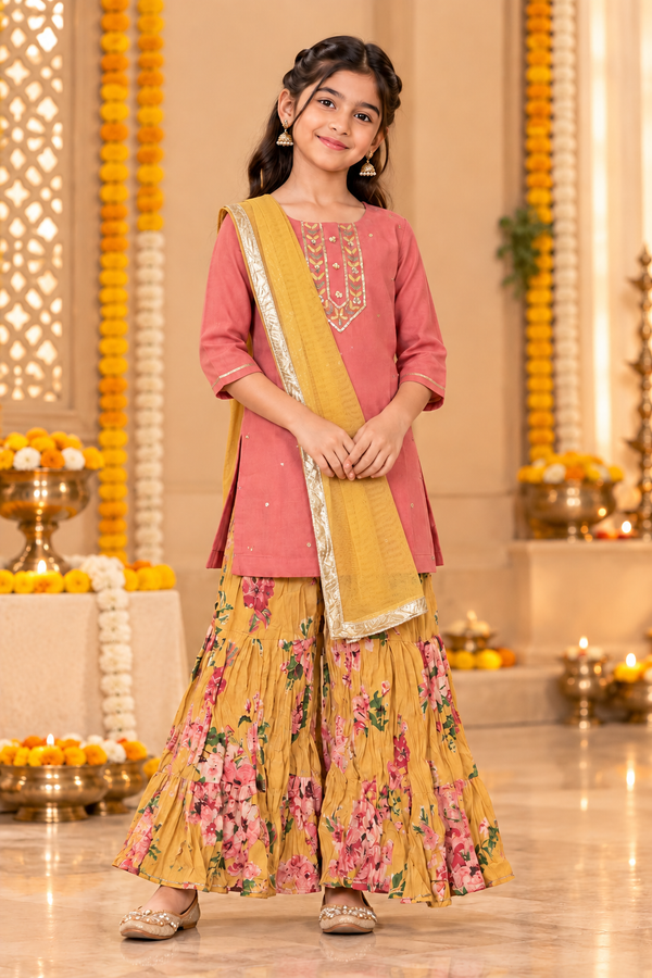 Peach  Kids Girls Kurta Shrara and Dupatta Set